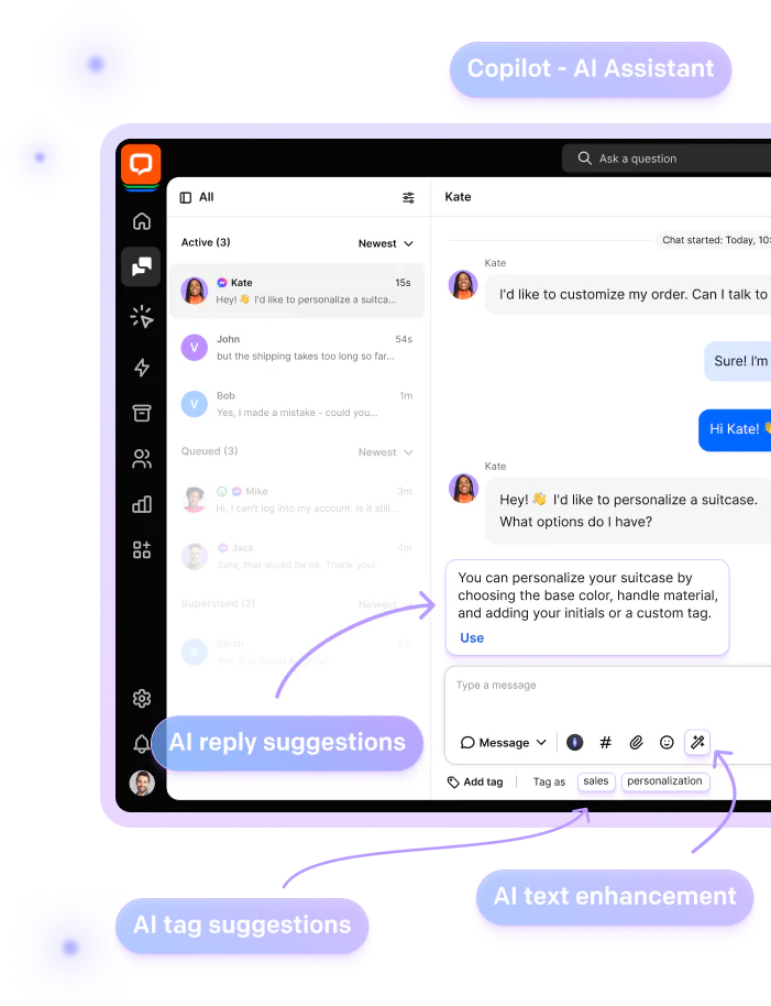 A screenshot showing AI features of the LiveChat app