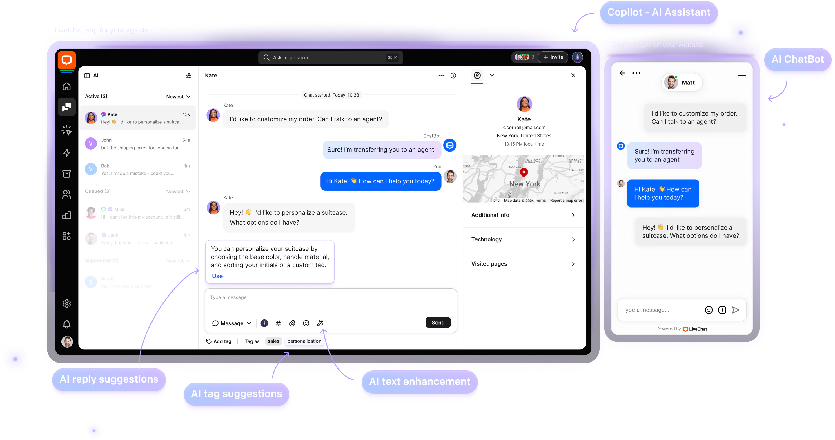 A screenshot showing AI features of the LiveChat app and the chat widget on your website