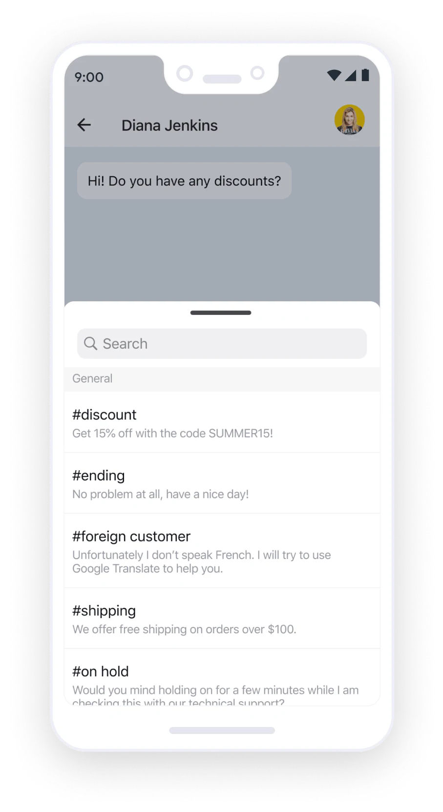 Canned responses interface on LiveChat® Android app