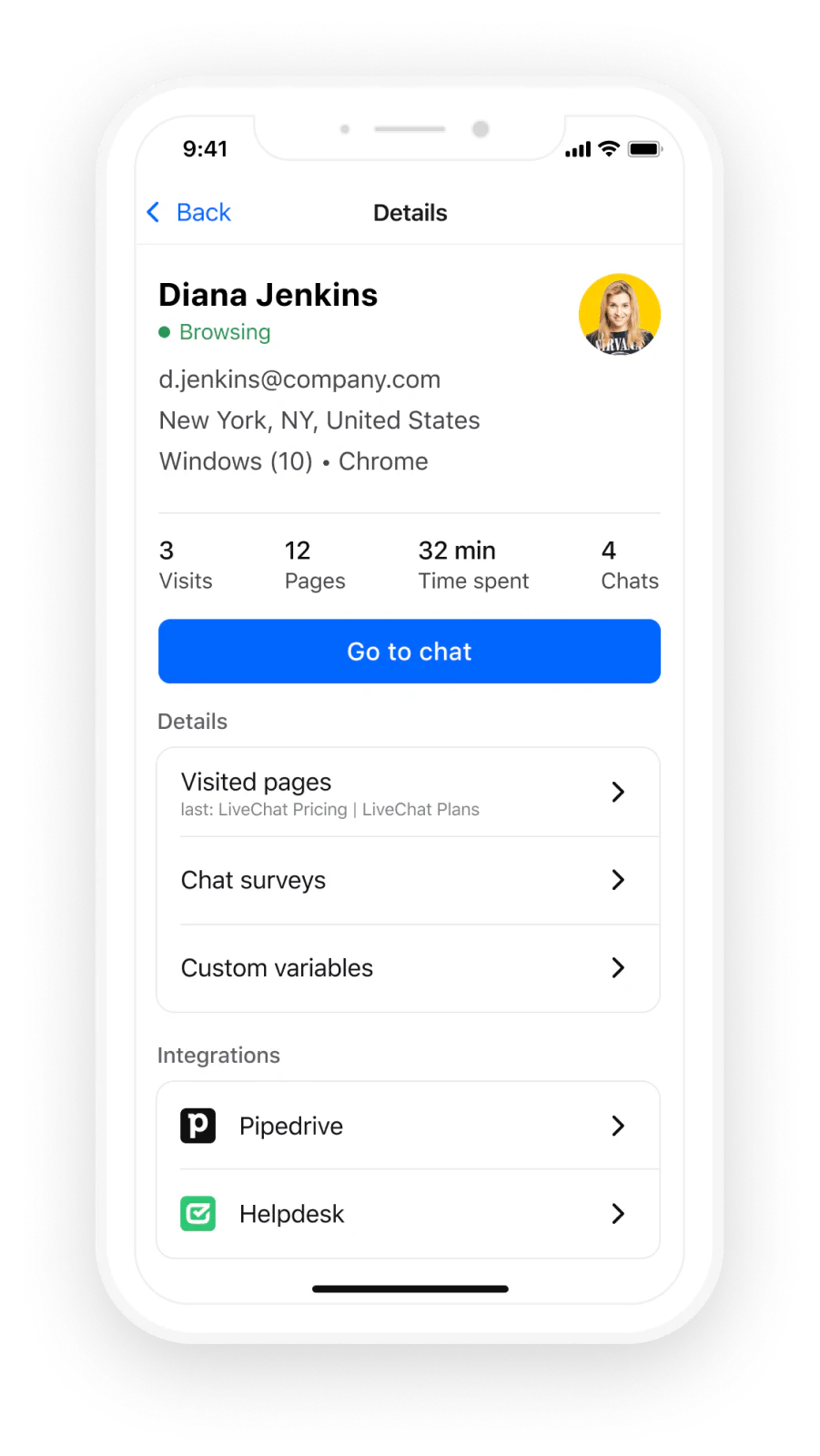 Customer details on LiveChat® for iPhone