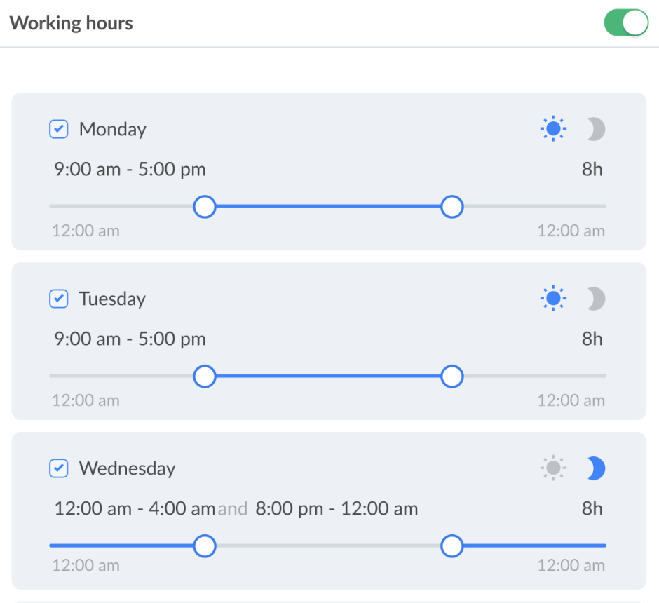 LiveChat working hours settings