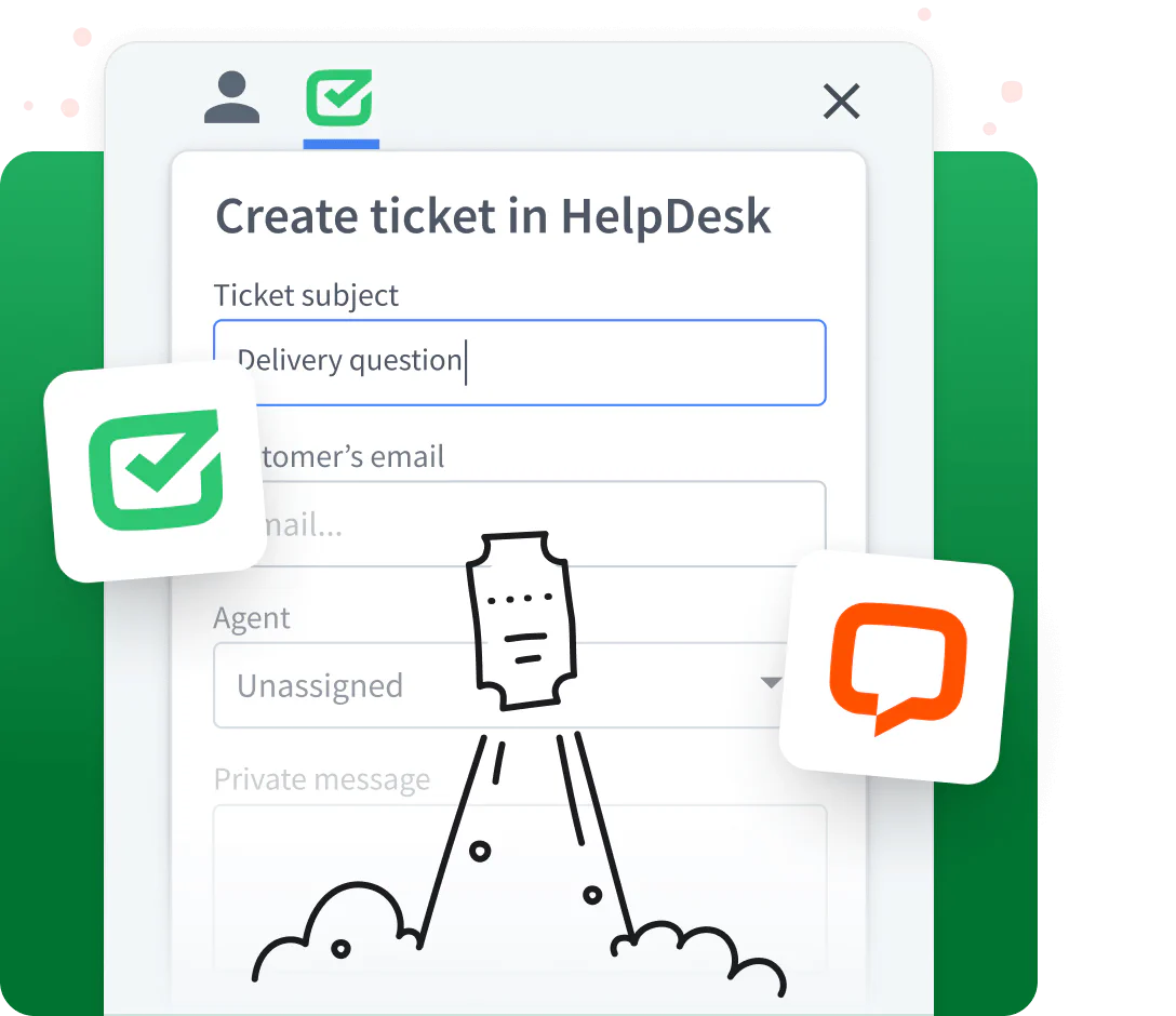 Visualization of a ticket creation in HelpDesk during a conversation with a customer in the LiveChat® app