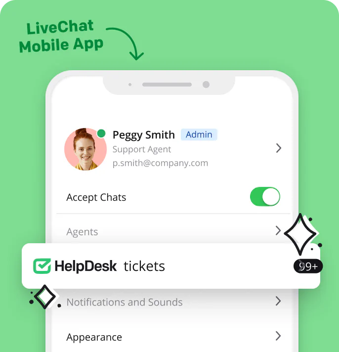 Visualization of HelpDesk tickets management available in the LiveChat® mobile app