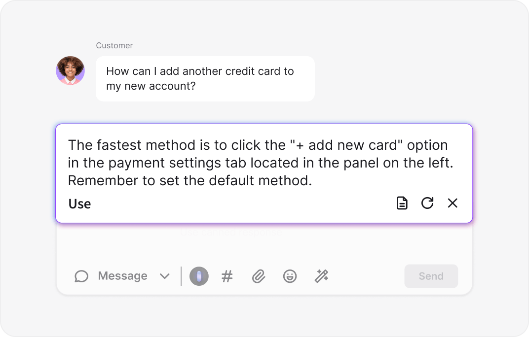 AI-powered reply suggestions feature generating customer support responses in Agencies