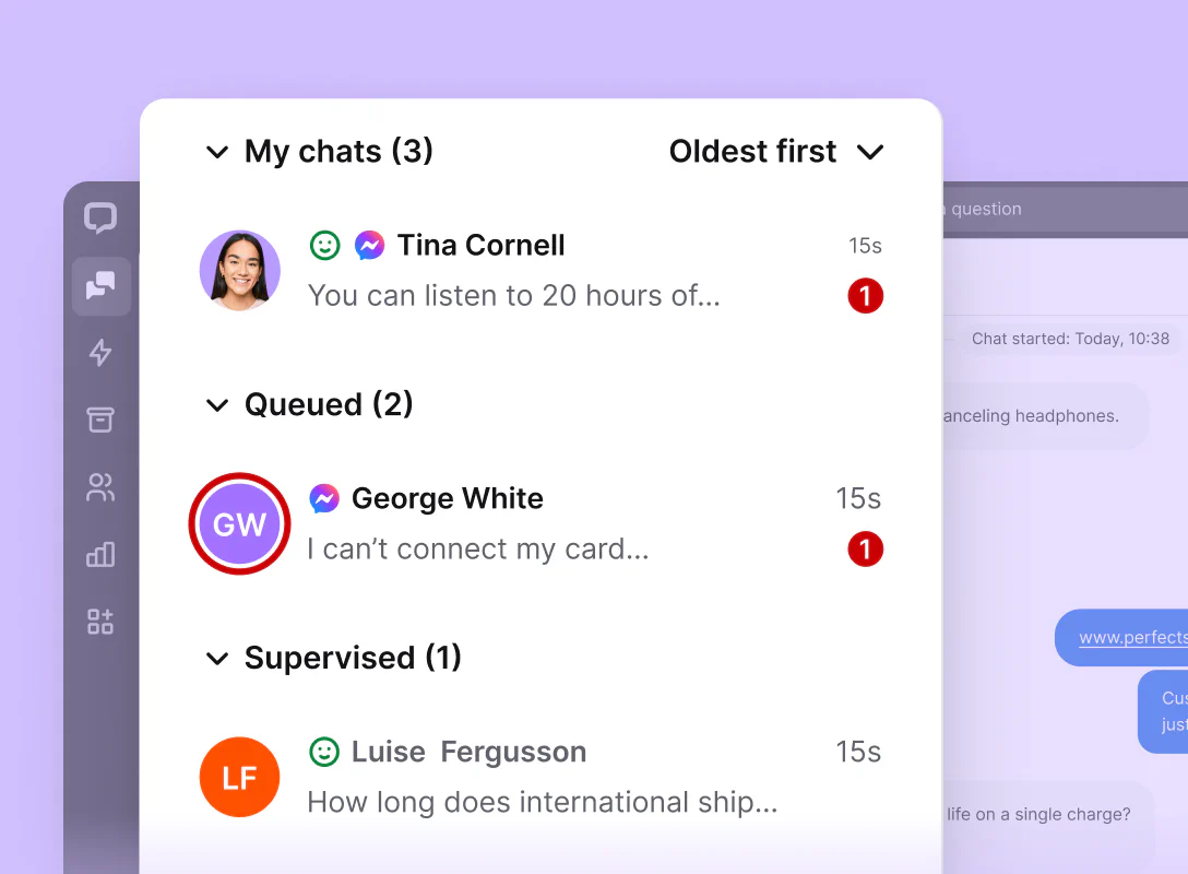 A preview of the chat list in the Chats section inside the LiveChat® agent app.