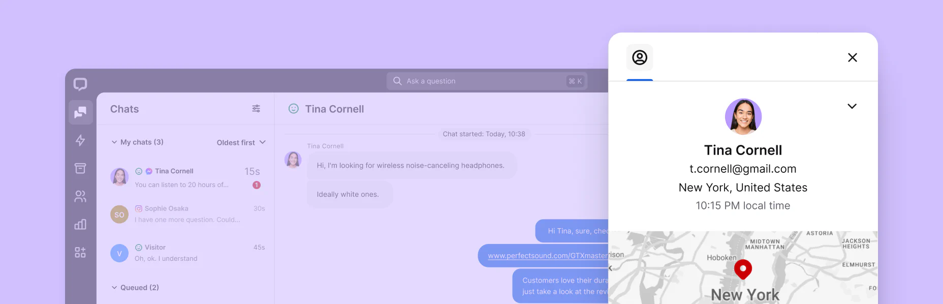 A preview of the customer details tab in the Chats section inside the LiveChat® agent app.