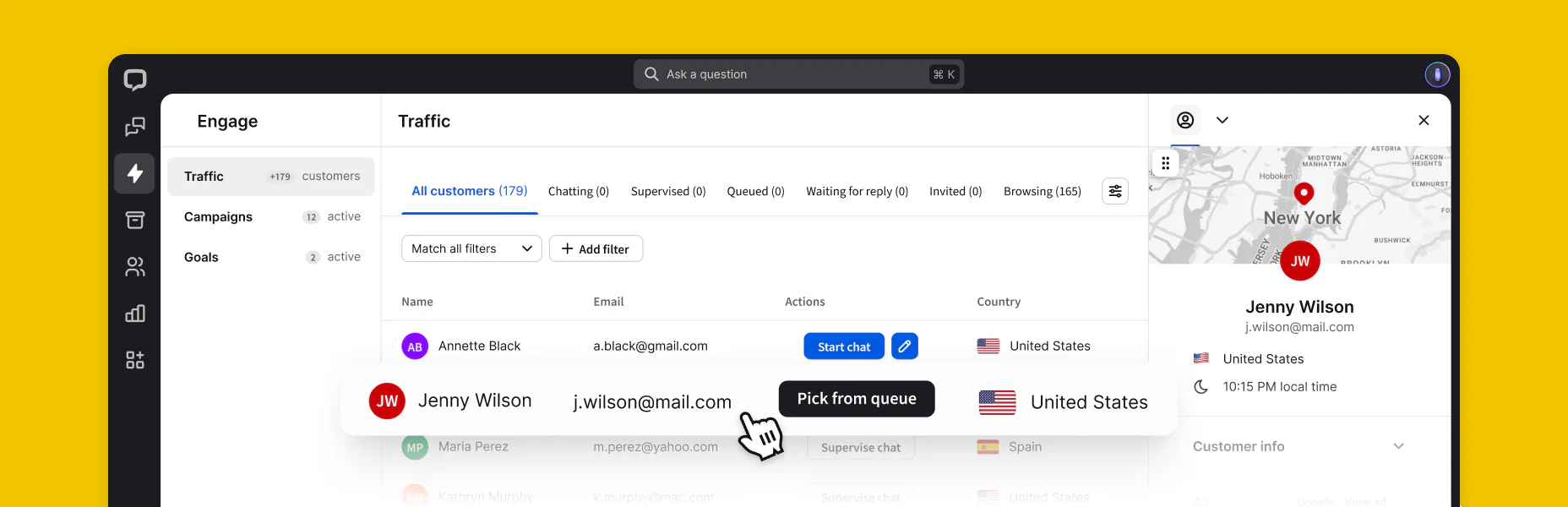 Customer details in the Traffic tab in the Engage section of the LiveChat® agent app.