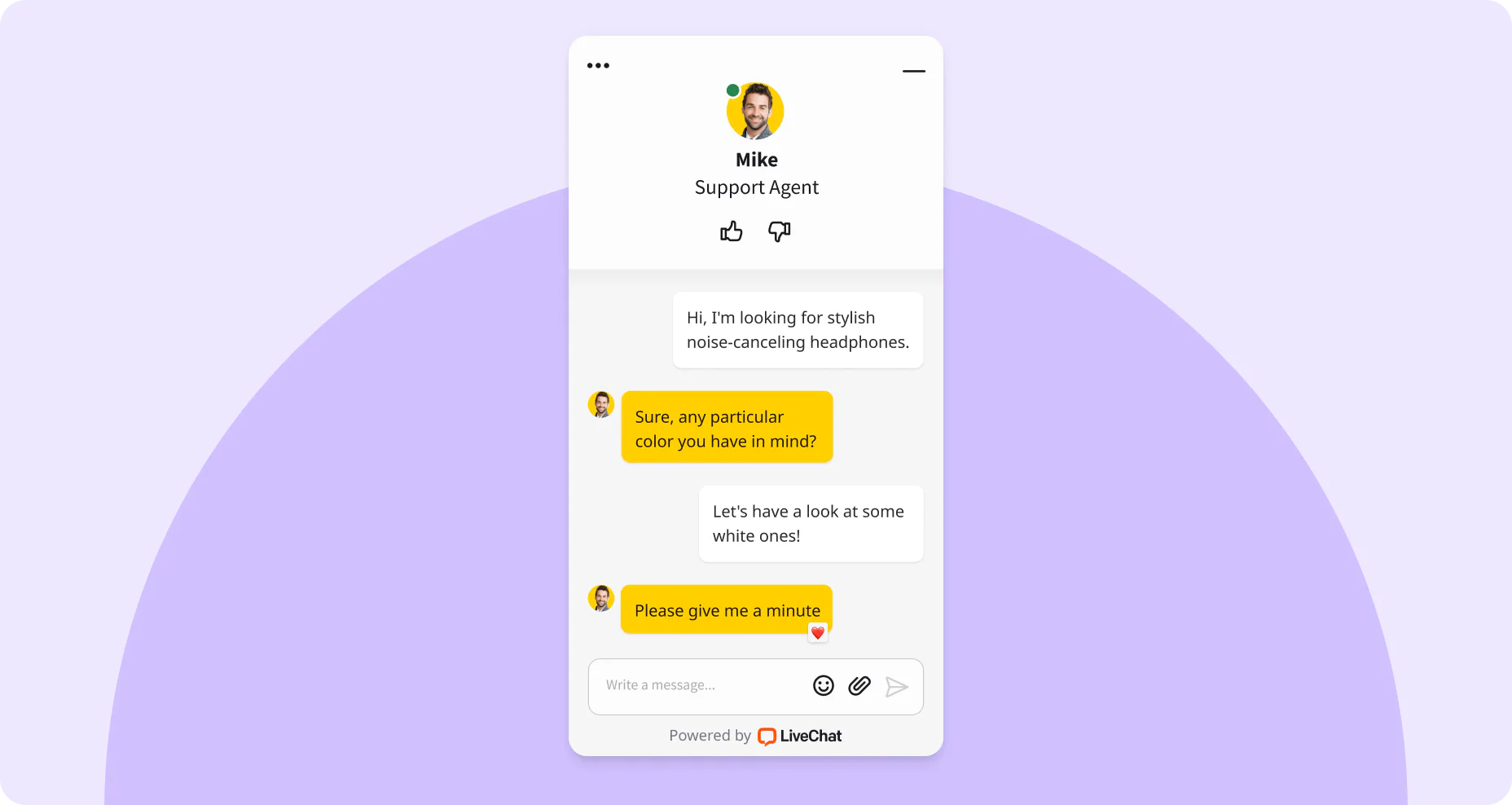 A preview of the chat widget and the conversation between a customer and customer support agent.