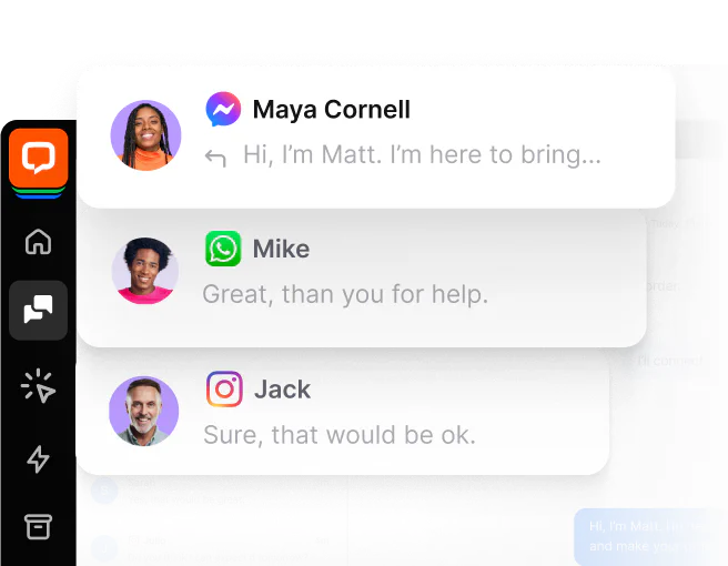 View of LiveChat app displaying customer interactions from multiple communication channels, including Messenger, WhatsApp, and Instagram