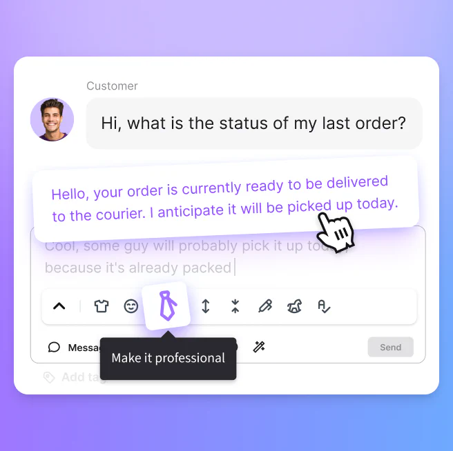Text enhancement feature in LiveChat app making a message sound more professional.
